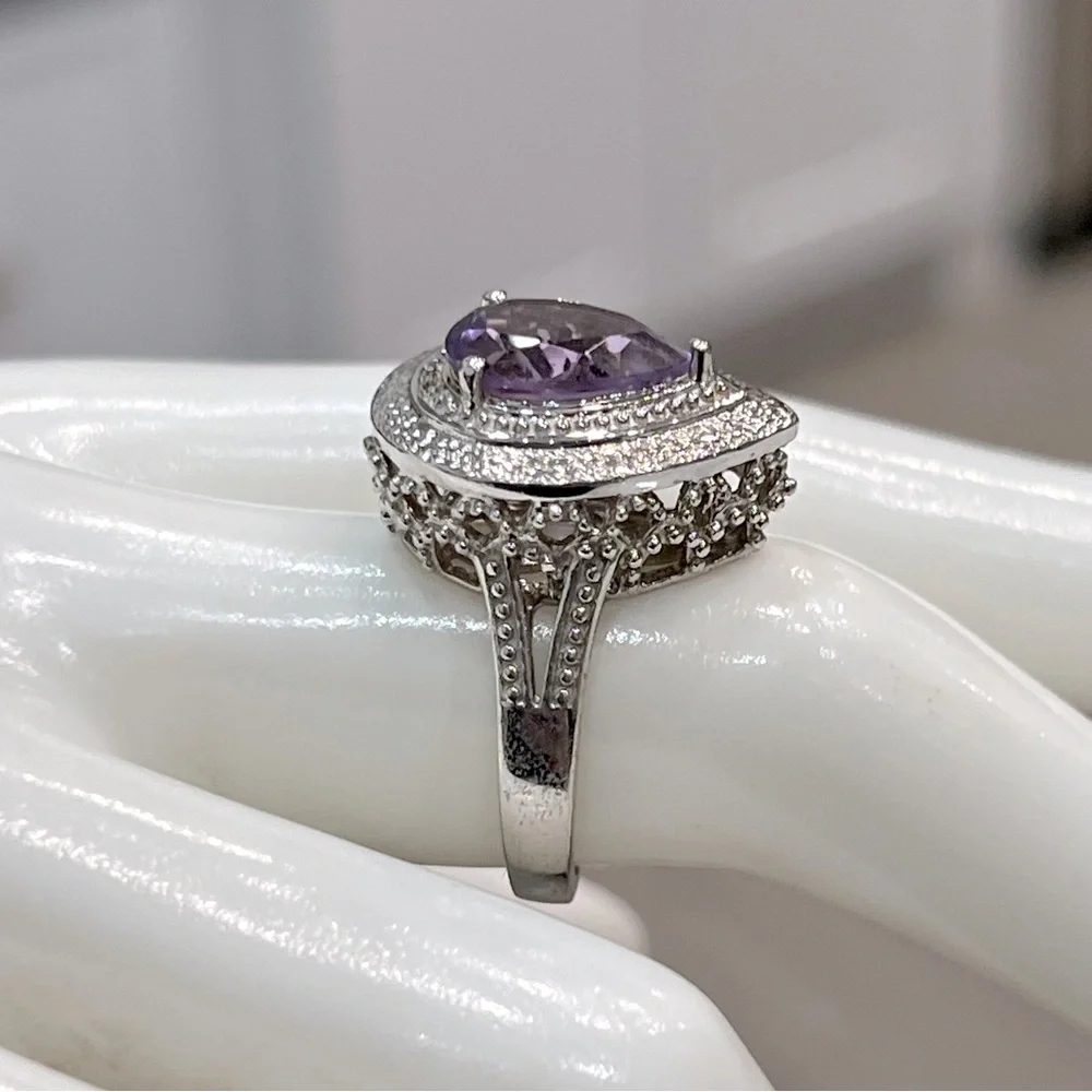 Rose de France Amethyst Pear Shaped Sterling Silver Ring Sz 8